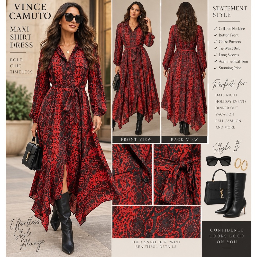 Vince Camuto Red Snakeskin Print Maxi Shirt Dress Asymmetrical Hem Size 12